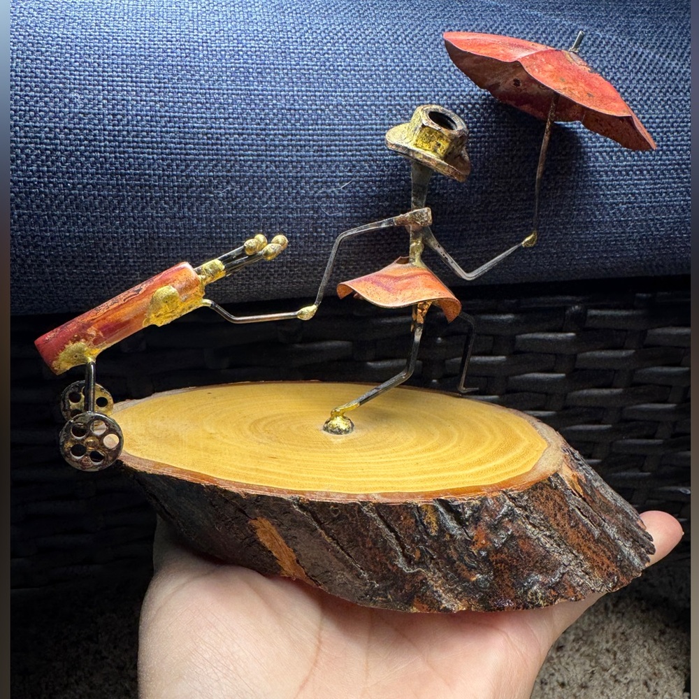 Brutalist Metalwork On wood Golf  Women w/ Umbrella Welding Art figure